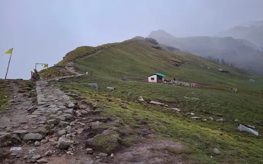 Rudranath Temple (Panch Kedar), High-altitude alpine meadows, Garhwal Himalayas (near Panar Bugyal and Vaitarani stream), Gopeshwar, Chamoli, Uttarakhand